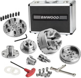 NCK-3.75ZN/S2 Wood Lathe Chuck 3-3/4" Self Centering Chuck Set,1-1/4”x 8TPI Thread with Dovetail Jaws, 5"Flat, Pin Jaw, Step Jaw, Wide Jaw, Thread Adaptor to 1"x8tpi, Wood screw, Nylon Washers in Aluminum Case.